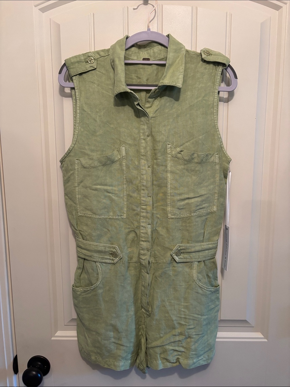 Sleeveless Utility Linen Romper in Light Olive Green S